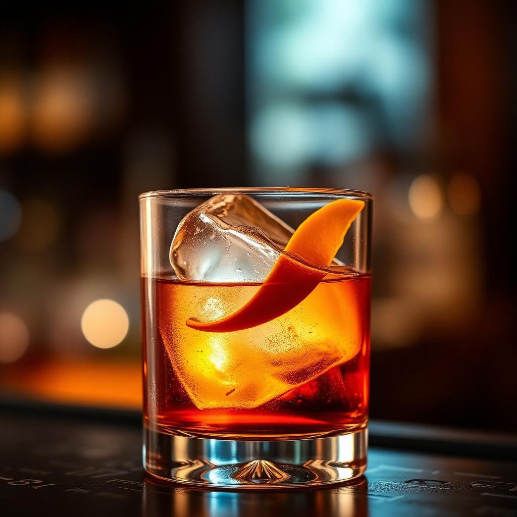 Old fashioned cocktail on a dark bar top