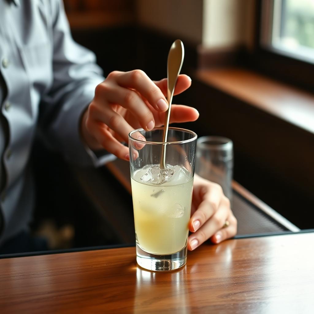 Hands stirring a cocktail in a mixing glass